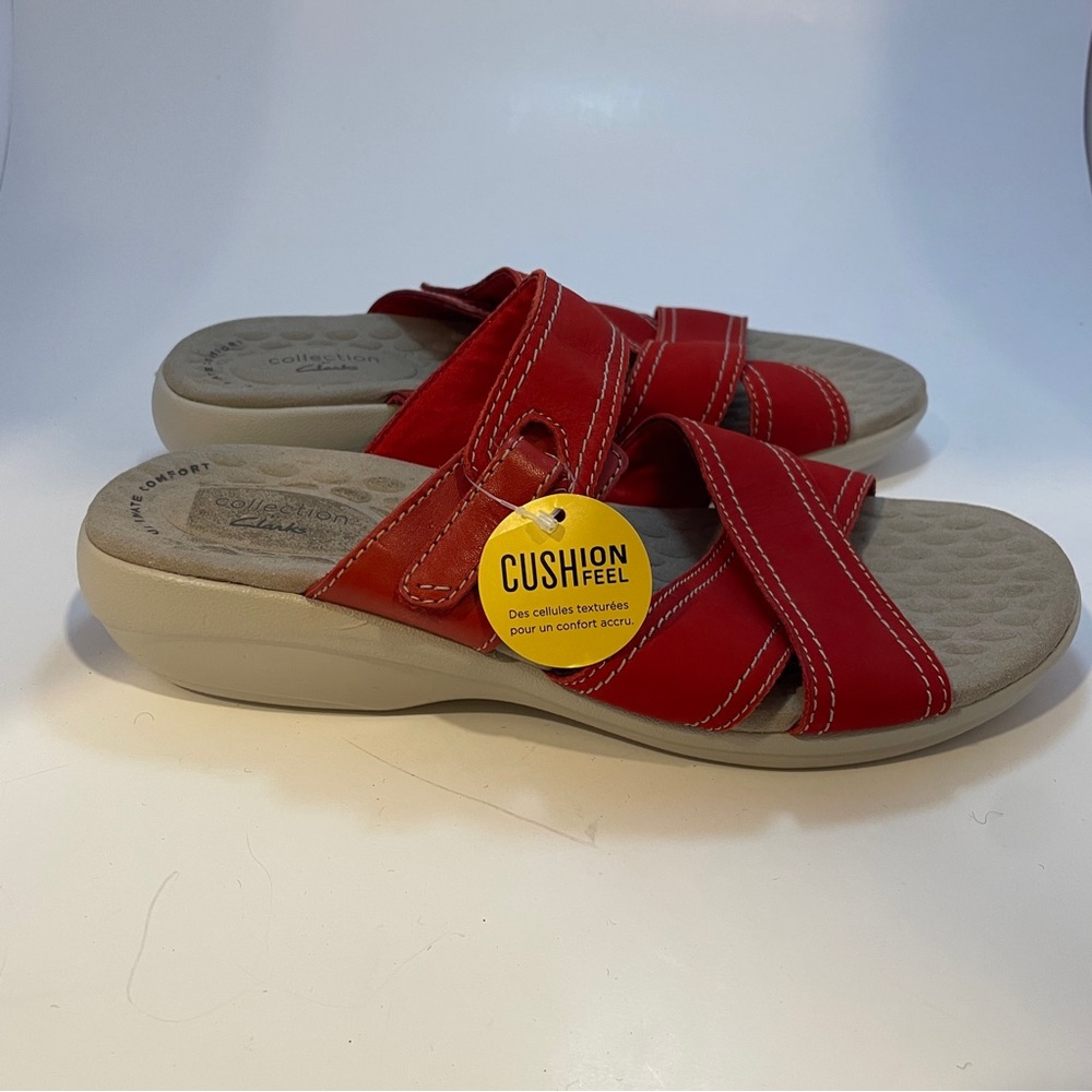 Clarks Alexis Art Red Leather Flat Sandal Comfort Shoe Women's Size 7.5 - Picture 2 of 9